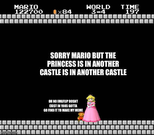 Thank You Mario | SORRY MARIO BUT THE PRINCESS IS IN ANOTHER CASTLE IS IN ANOTHER CASTLE; OH NO IMGFLIP DOSNT EXIST IN 1985 GOTTA GO FIND IT TO MAKE MY MEME | image tagged in thank you mario | made w/ Imgflip meme maker