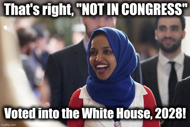 Rep. Ilhan Omar | That's right, "NOT IN CONGRESS" Voted into the White House, 2028! | image tagged in rep ilhan omar | made w/ Imgflip meme maker