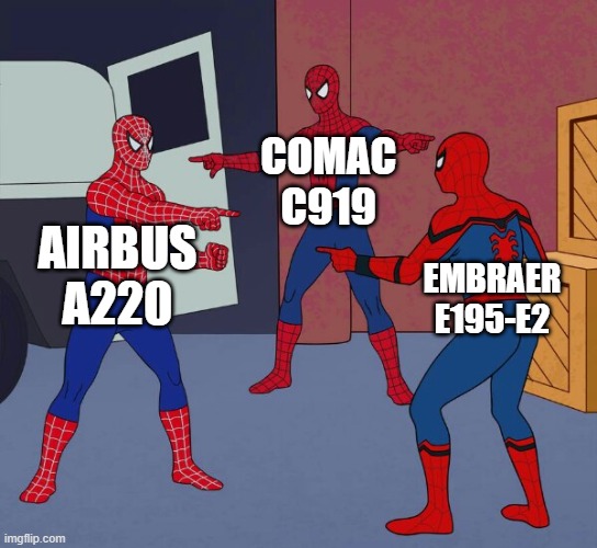 Spider Man Triple | COMAC C919; AIRBUS A220; EMBRAER E195-E2 | image tagged in spider man triple | made w/ Imgflip meme maker
