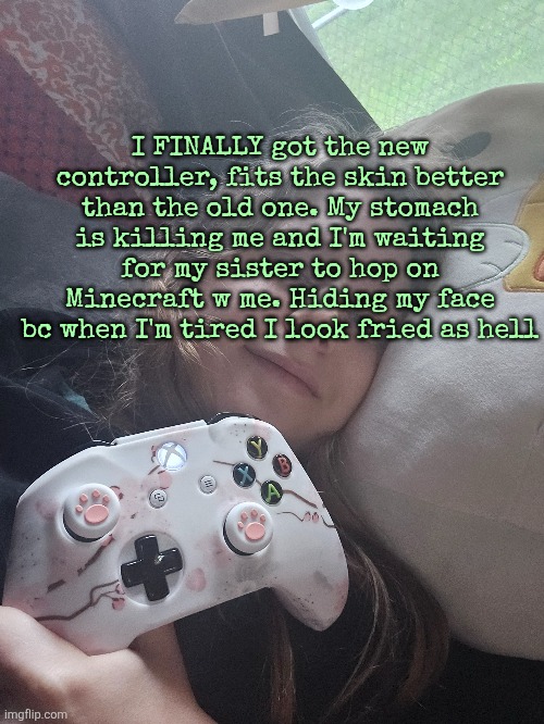 I FINALLY got the new controller, fits the skin better than the old one. My stomach is killing me and I'm waiting for my sister to hop on Minecraft w me. Hiding my face bc when I'm tired I look fried as hell | made w/ Imgflip meme maker