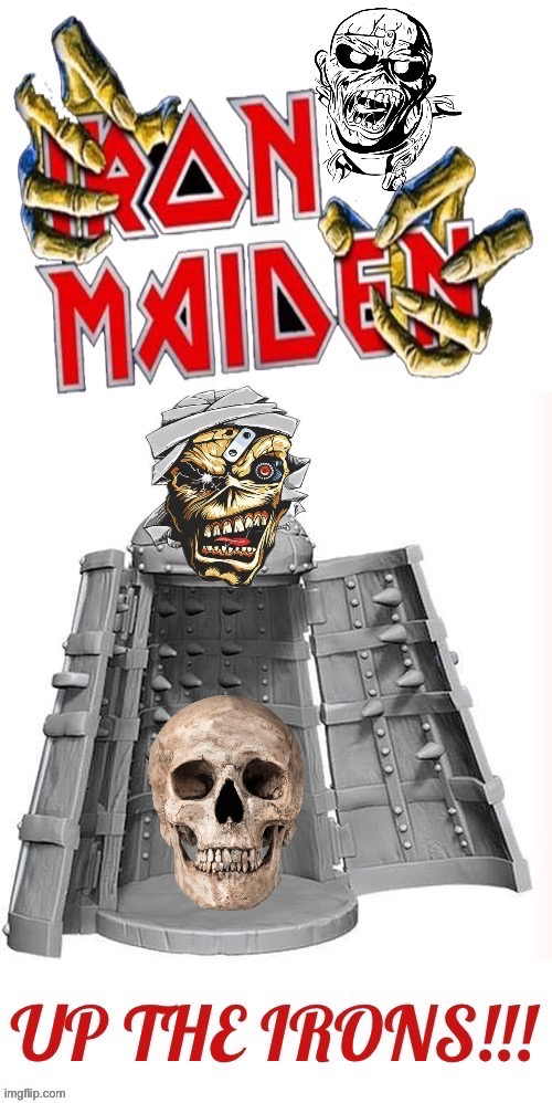 Featuring the band’s namesake medieval torture device… | image tagged in heavy metal,iron maiden,tribute,skull | made w/ Imgflip meme maker