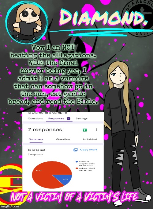 You all have won. I am a vampire. | Wow I am NOT beating the allegations. With the final answer being yes, I admit I am a vampire that can somehow go in the sun, eat garlic bread, and read the Bible. | image tagged in diamond announcement temp ty disco | made w/ Imgflip meme maker