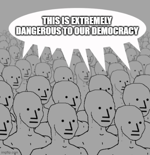 npc-crowd | THIS IS EXTREMELY DANGEROUS TO OUR DEMOCRACY | image tagged in npc-crowd | made w/ Imgflip meme maker