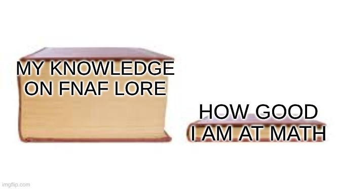 Big book small book | MY KNOWLEDGE ON FNAF LORE; HOW GOOD I AM AT MATH | image tagged in fnaf | made w/ Imgflip meme maker