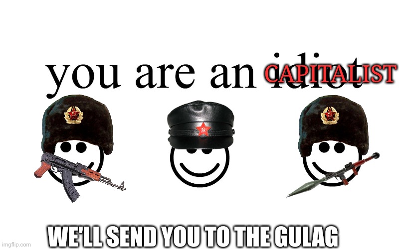 You Are An Idiot!! | CAPITALIST WE'LL SEND YOU TO THE GULAG | image tagged in you are an idiot | made w/ Imgflip meme maker