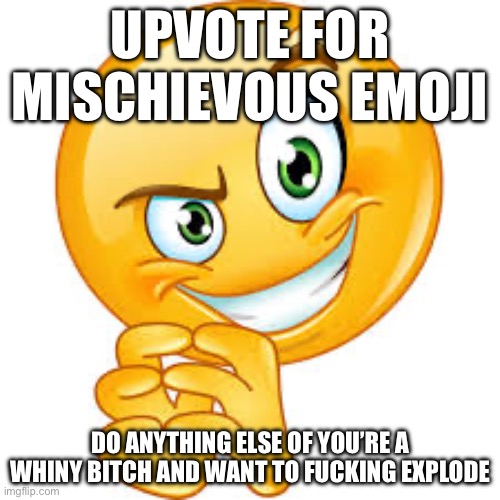 >:) | UPVOTE FOR MISCHIEVOUS EMOJI; DO ANYTHING ELSE OF YOU’RE A WHINY BITCH AND WANT TO FUCKING EXPLODE | image tagged in upvote begging | made w/ Imgflip meme maker