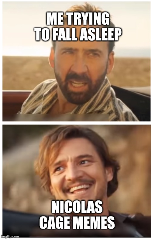 Nicolas Cage Memes vs. Sleep | ME TRYING TO FALL ASLEEP; NICOLAS CAGE MEMES | image tagged in nicolas cage pedro pascal | made w/ Imgflip meme maker