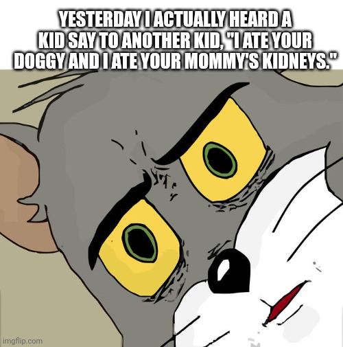 He must have been hungry | YESTERDAY I ACTUALLY HEARD A KID SAY TO ANOTHER KID, "I ATE YOUR DOGGY AND I ATE YOUR MOMMY'S KIDNEYS." | image tagged in memes,unsettled tom | made w/ Imgflip meme maker