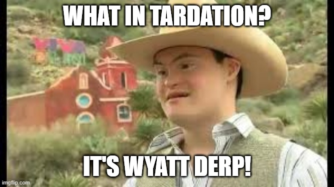 Cowboy w/ Down Syndrome | WHAT IN TARDATION? IT'S WYATT DERP! | image tagged in cowboy w/ down syndrome | made w/ Imgflip meme maker