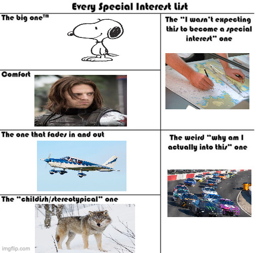1 word: Autism | image tagged in every special interest list,wolves,snoopy,nascar,cartography,planes | made w/ Imgflip meme maker