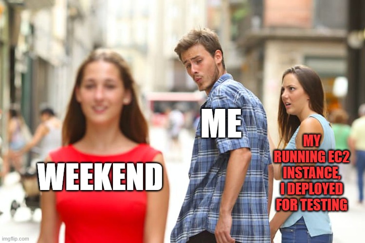 FinOps Struggles_Ec2 Shutdown | ME; MY RUNNING EC2 INSTANCE, I DEPLOYED FOR TESTING; WEEKEND | image tagged in memes,distracted boyfriend | made w/ Imgflip meme maker