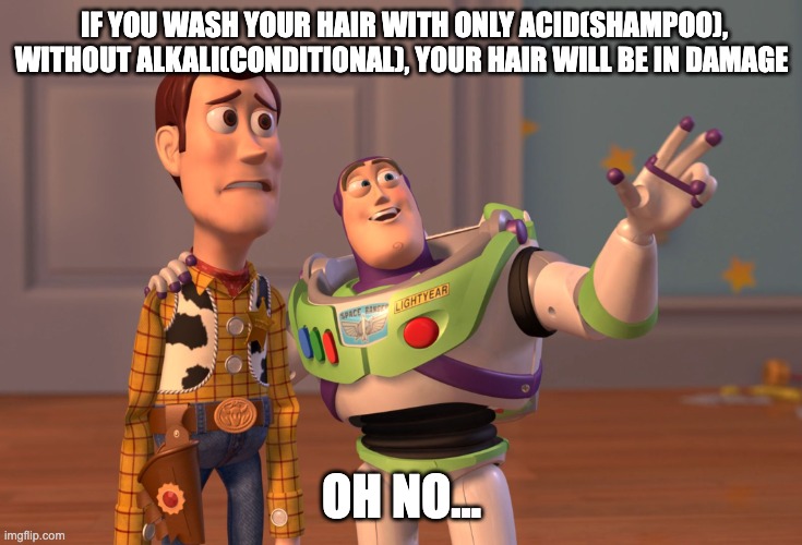 X, X Everywhere Meme | IF YOU WASH YOUR HAIR WITH ONLY ACID(SHAMPOO), WITHOUT ALKALI(CONDITIONAL), YOUR HAIR WILL BE IN DAMAGE; OH NO... | image tagged in memes,x x everywhere | made w/ Imgflip meme maker