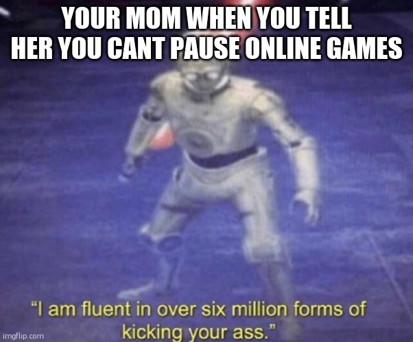 I am fluent in over six million forms of kicking your ass | YOUR MOM WHEN YOU TELL HER YOU CANT PAUSE ONLINE GAMES | image tagged in i am fluent in over six million forms of kicking your ass | made w/ Imgflip meme maker
