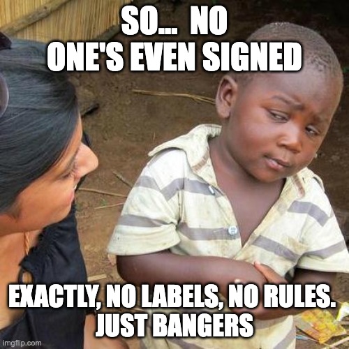 Underground music gigs be like | SO...  NO ONE'S EVEN SIGNED; EXACTLY, NO LABELS, NO RULES. 
JUST BANGERS | image tagged in memes,third world skeptical kid | made w/ Imgflip meme maker