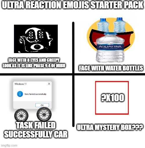 ultra reaction emojis starter pack | ULTRA REACTION EMOJIS STARTER PACK; FACE WITH 8 EYES AND CREEPY LOOK AS IT IS LIKE PHASE 9.4 OF MIBU; FACE WITH WATER BOTTLES; ?X100; ULTRA MYSTERY BOX??? TASK FAILED SUCCESSFULLY CAR | image tagged in memes,blank starter pack | made w/ Imgflip meme maker