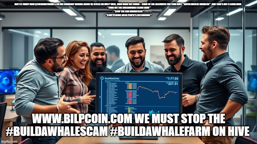ISN’T IT FUNNY HOW @THEMARKYMARK & CO ARE SUDDENLY TALKING ABOUT KE LEVELS ON HIVE? WELL, LOOK WHAT WE FOUND—SOME OF THE ACCOUNTS THEY RUN HAVE **SUPER HIGH KE NUMBERS**, AND THAT’S NOT A GOOD LOOK.  
- **TURN OFF THE BUILDAWHALE SCAM FARM**  
- **STOP THE BAD DOWNVOTES**  
- **STOP PLAYING WITH PEOPLE’S LIVELIHOODS**; WWW.BILPCOIN.COM WE MUST STOP THE #BUILDAWHALESCAM #BUILDAWHALEFARM ON HIVE | made w/ Imgflip meme maker