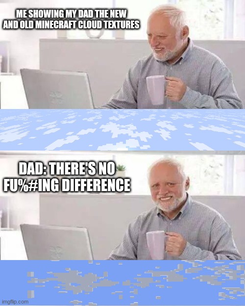 Can anyone relate to this? | ME SHOWING MY DAD THE NEW AND OLD MINECRAFT CLOUD TEXTURES; DAD: THERE'S NO FU%#ING DIFFERENCE | image tagged in 3minecraft memes | made w/ Imgflip meme maker