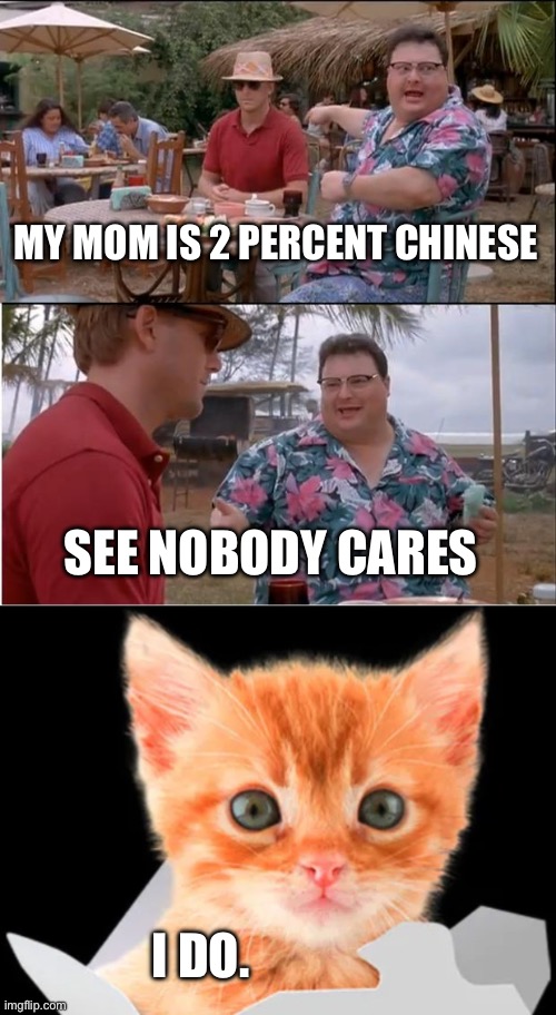 23andMe drama | MY MOM IS 2 PERCENT CHINESE; SEE NOBODY CARES; I DO. | image tagged in memes,see nobody cares,chinese food | made w/ Imgflip meme maker