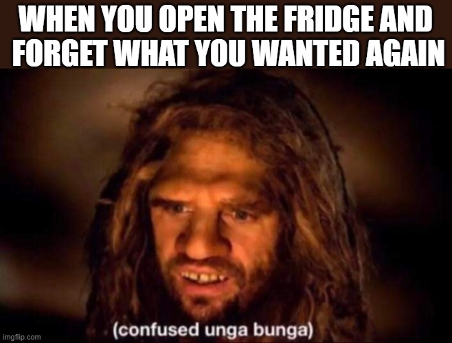 Confused Unga Bunga | WHEN YOU OPEN THE FRIDGE AND
 FORGET WHAT YOU WANTED AGAIN | image tagged in confused unga bunga | made w/ Imgflip meme maker