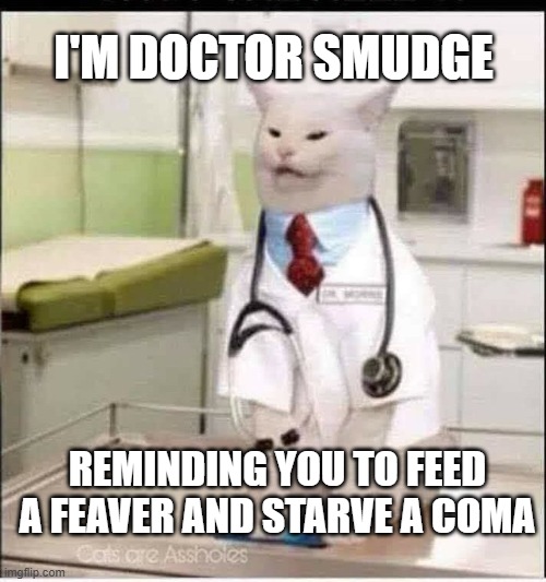 Feed a fever | I'M DOCTOR SMUDGE; REMINDING YOU TO FEED A FEAVER AND STARVE A COMA | image tagged in smudge that darn cat | made w/ Imgflip meme maker
