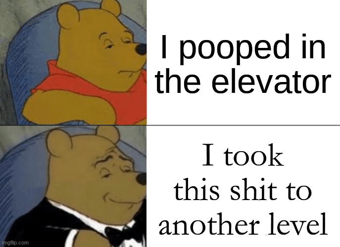 insert text here :) | I pooped in the elevator; I took this shit to another level | image tagged in memes,tuxedo winnie the pooh | made w/ Imgflip meme maker