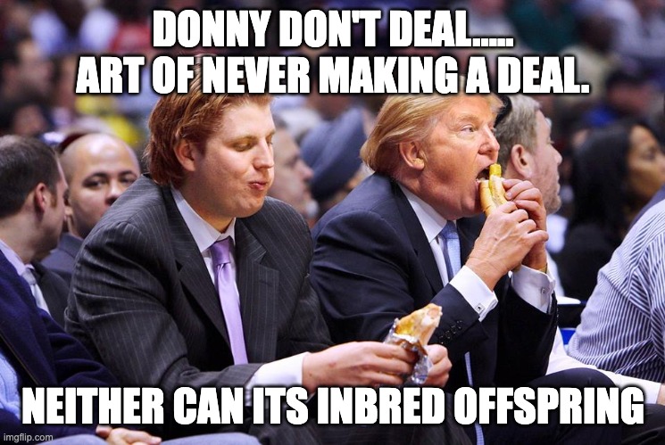 Donny Don't Deal | DONNY DON'T DEAL..... ART OF NEVER MAKING A DEAL. NEITHER CAN ITS INBRED OFFSPRING | image tagged in dumb and dumber trump | made w/ Imgflip meme maker