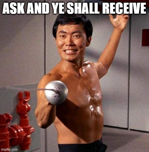 sulu fencing star trek | ASK AND YE SHALL RECEIVE | image tagged in sulu fencing star trek | made w/ Imgflip meme maker