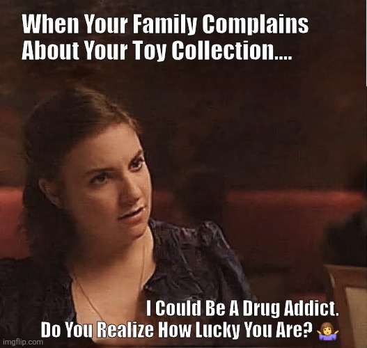 Toy Collection | When Your Family Complains About Your Toy Collection.... I Could Be A Drug Addict.
Do You Realize How Lucky You Are? 🤷‍♀️ | image tagged in family life | made w/ Imgflip meme maker