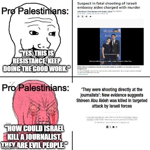 While i do condemn the acts of killing on the journalist, yall should also share the same dignity to the other side. | Pro Palestinians:; "YES, THIS IS RESISTANCE, KEEP DOING THE GOOD WORK."; Pro Palestinians:; "HOW COULD ISRAEL KILL A JOURNALIST, THEY ARE EVIL PEOPLE." | image tagged in happy vs angry wojak,hypocrisy,anti zionist stupidity,killing,murder,israel | made w/ Imgflip meme maker