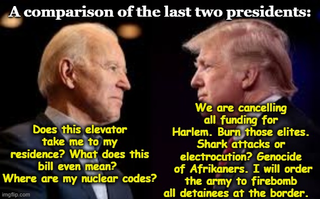 Biden & tRump Compared | A comparison of the last two presidents:; We are cancelling all funding for Harlem. Burn those elites. Shark attacks or electrocution? Genocide
 of Afrikaners. I will order the army to firebomb all detainees at the border. Does this elevator take me to my residence? What does this bill even mean?  Where are my nuclear codes? | image tagged in i love democracy,donald trump is an idiot,smilin biden,democratic party,gop,trump to gop | made w/ Imgflip meme maker