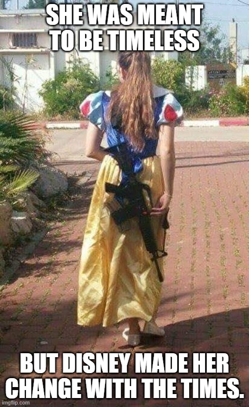Why must the timeless become timely? | SHE WAS MEANT
TO BE TIMELESS; BUT DISNEY MADE HER
CHANGE WITH THE TIMES. | image tagged in brunette,disney princess,snow white,machine gun,timeless,modernized | made w/ Imgflip meme maker