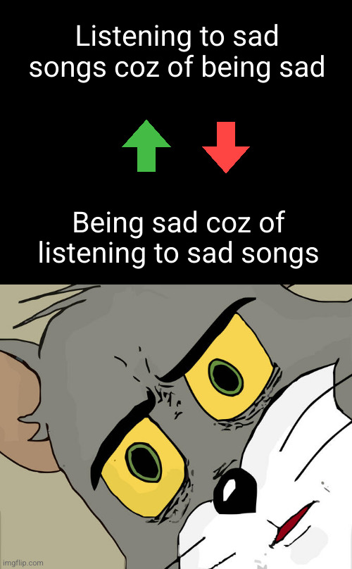Unsettled Tom | Listening to sad songs coz of being sad; Being sad coz of listening to sad songs | image tagged in memes,unsettled tom | made w/ Imgflip meme maker