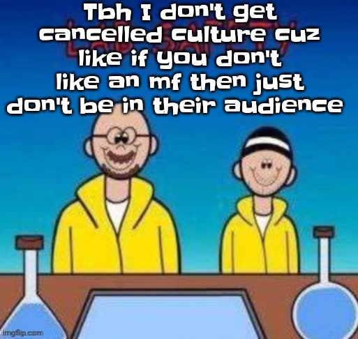 Lab safety with Walter White and Jesse Pinkman | Tbh I don't get cancelled culture cuz like if you don't like an mf then just don't be in their audience | image tagged in lab safety with walter white and jesse pinkman | made w/ Imgflip meme maker