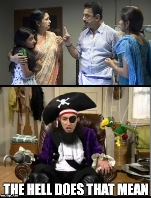 me when i watch movies made in my country | THE HELL DOES THAT MEAN | image tagged in papanasam scene,patchy the pirate that's it | made w/ Imgflip meme maker