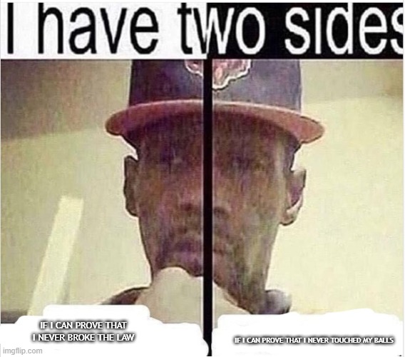 I Have Two Sides | IF I CAN PROVE THAT I NEVER BROKE THE LAW; IF I CAN PROVE THAT I NEVER TOUCHED MY BALLS | image tagged in i have two sides | made w/ Imgflip meme maker