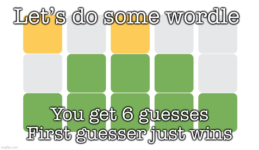 Wordle | Let’s do some wordle; You get 6 guesses
First guesser just wins | image tagged in wordle | made w/ Imgflip meme maker