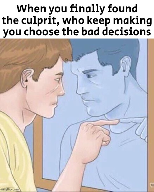The culprit is none other than Mr. You! | When you finally found the culprit, who keep making you choose the bad decisions | image tagged in pointing mirror guy,memes,decisions | made w/ Imgflip meme maker