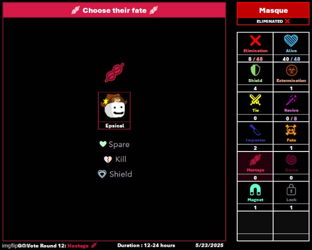 MASQUE HAS BEEN ELIMINATED (Round 12: Hostage) - 5/23/2025 [WE'RE BACK TO THE OC VOTE LESSGOOOOOO- also sowwy] | image tagged in oc,ocs,undertale,vote,votes,round | made w/ Imgflip meme maker