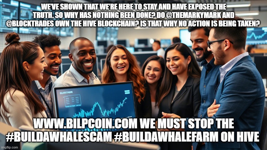WE’VE SHOWN THAT WE’RE HERE TO STAY AND HAVE EXPOSED THE TRUTH. SO WHY HAS NOTHING BEEN DONE? DO @THEMARKYMARK AND @BLOCKTRADES OWN THE HIVE BLOCKCHAIN? IS THAT WHY NO ACTION IS BEING TAKEN? WWW.BILPCOIN.COM WE MUST STOP THE #BUILDAWHALESCAM #BUILDAWHALEFARM ON HIVE | made w/ Imgflip meme maker