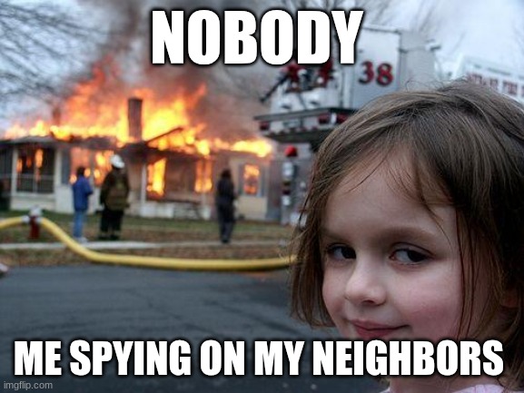 me | NOBODY; ME SPYING ON MY NEIGHBORS | image tagged in memes,disaster girl | made w/ Imgflip meme maker