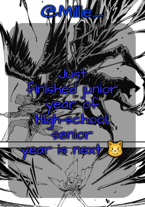 Millie's Vergil Divide's himself DMC announcement template | Just finished junior year of High-school, senior year is next 😼 | image tagged in millie's vergil divide's himself dmc announcement template | made w/ Imgflip meme maker