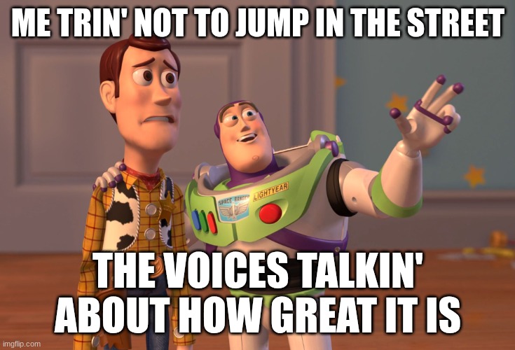 X, X Everywhere | ME TRIN' NOT TO JUMP IN THE STREET; THE VOICES TALKIN' ABOUT HOW GREAT IT IS | image tagged in memes,x x everywhere | made w/ Imgflip meme maker