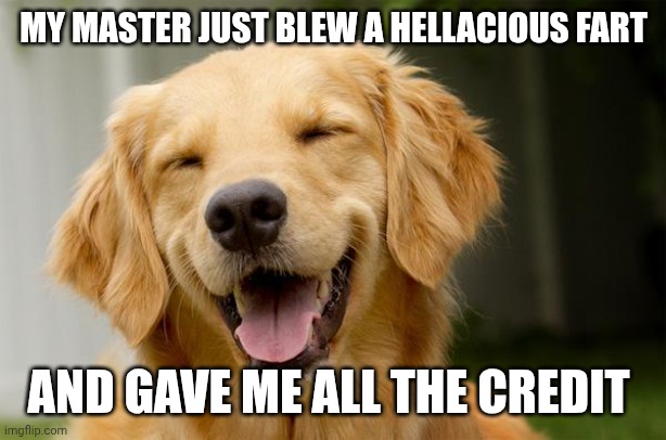 Happy Dog | MY MASTER JUST BLEW A HELLACIOUS FART AND GAVE ME ALL THE CREDIT | image tagged in happy dog | made w/ Imgflip meme maker