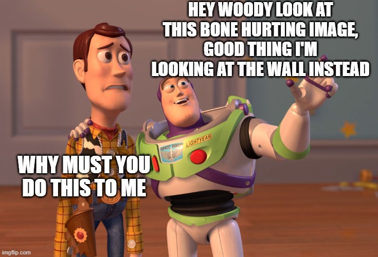 idk what to name this | HEY WOODY LOOK AT THIS BONE HURTING IMAGE,
GOOD THING I'M LOOKING AT THE WALL INSTEAD; WHY MUST YOU DO THIS TO ME | image tagged in memes | made w/ Imgflip meme maker