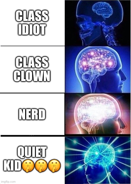 Class roles | CLASS IDIOT; CLASS CLOWN; NERD; QUIET KID🤫🤫🤫 | image tagged in memes,expanding brain | made w/ Imgflip meme maker