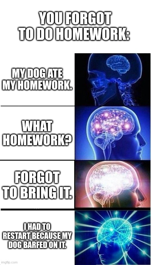[_] my homework | YOU FORGOT TO DO HOMEWORK:; MY DOG ATE MY HOMEWORK. WHAT HOMEWORK? FORGOT TO BRING IT. I HAD TO RESTART BECAUSE MY DOG BARFED ON IT. | image tagged in memes,expanding brain | made w/ Imgflip meme maker