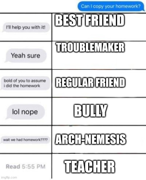 different school people helping you with homework | BEST FRIEND; TROUBLEMAKER; REGULAR FRIEND; BULLY; ARCH-NEMESIS; TEACHER | image tagged in can i copy your homework | made w/ Imgflip meme maker