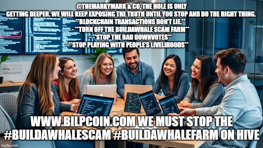@THEMARKYMARK & CO, THE HOLE IS ONLY GETTING DEEPER. WE WILL KEEP EXPOSING THE TRUTH UNTIL YOU STOP AND DO THE RIGHT THING. 
**BLOCKCHAIN TRANSACTIONS DON’T LIE.**  
- **TURN OFF THE BUILDAWHALE SCAM FARM**  
- **STOP THE BAD DOWNVOTES**  
- **STOP PLAYING WITH PEOPLE’S LIVELIHOODS**; WWW.BILPCOIN.COM WE MUST STOP THE #BUILDAWHALESCAM #BUILDAWHALEFARM ON HIVE | made w/ Imgflip meme maker