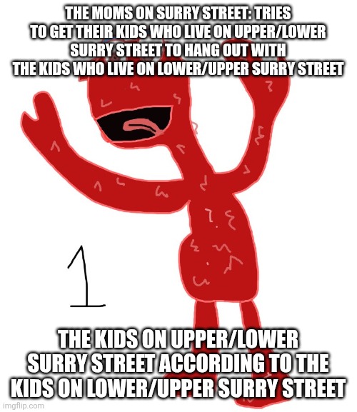 Read Diary of a Wimpy Kid book 13 for context | THE MOMS ON SURRY STREET: TRIES TO GET THEIR KIDS WHO LIVE ON UPPER/LOWER SURRY STREET TO HANG OUT WITH THE KIDS WHO LIVE ON LOWER/UPPER SURRY STREET; THE KIDS ON UPPER/LOWER SURRY STREET ACCORDING TO THE KIDS ON LOWER/UPPER SURRY STREET | image tagged in grian's elmo | made w/ Imgflip meme maker