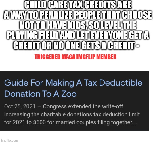 MAGA loves child labor.....age 8 they need to get a job... | CHILD CARE TAX CREDITS ARE A WAY TO PENALIZE PEOPLE THAT CHOOSE NOT TO HAVE KIDS, SO LEVEL THE PLAYING FIELD AND LET EVERYONE GET A CREDIT OR NO ONE GETS A CREDIT -; TRIGGERED MAGA IMGFLIP MEMBER | made w/ Imgflip meme maker